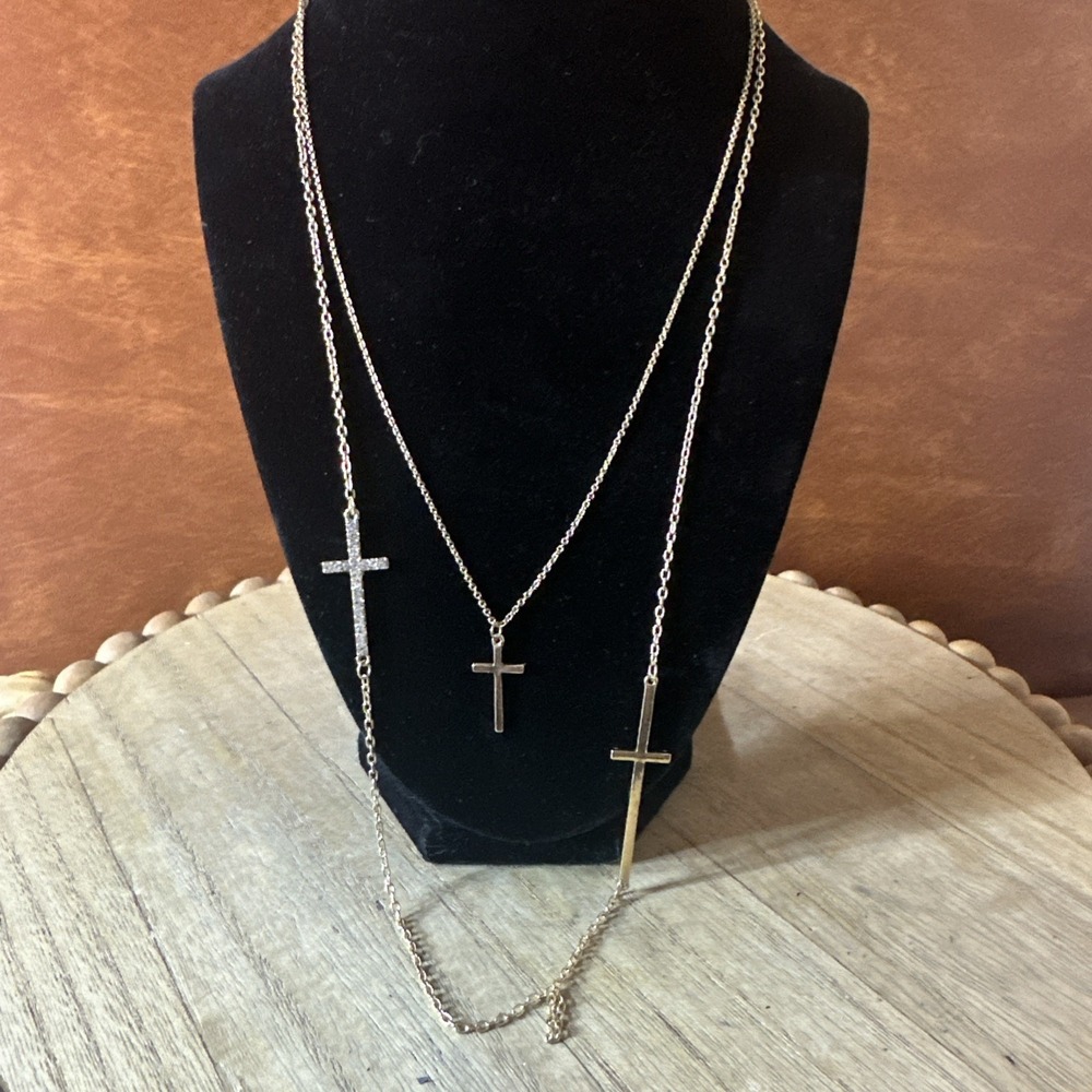 GUESS 3 Cross Necklace Layered Silver Tone Religious Long Crystal Accent 24"VTG